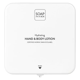Soap-In-A-Box fényes fehér kéz- és testápoló adagoló, előlap