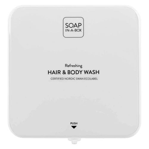 Soap-In-A-Box fényes fehér tusfürdő és sampon adagoló, előlap