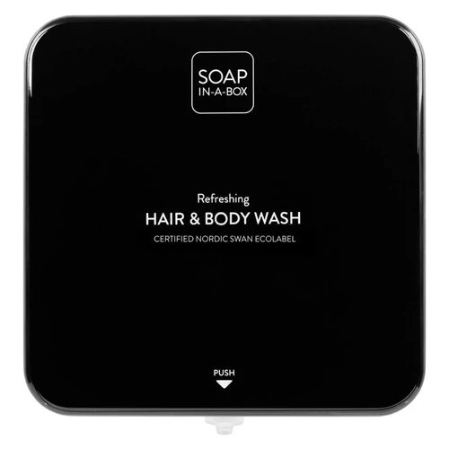 Soap-In-A-Box fényes fekete tusfürdő és sampon adagoló, előlap