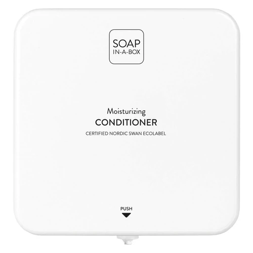 Soap-In-A-Box fényes fehér hajkondicionáló adagoló, előlap