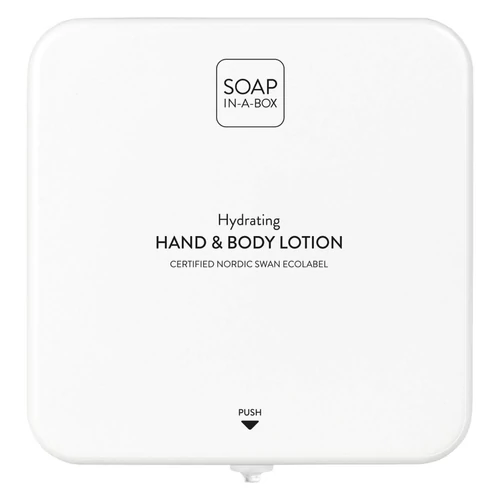 Soap-In-A-Box fényes fehér kéz- és testápoló adagoló, előlap