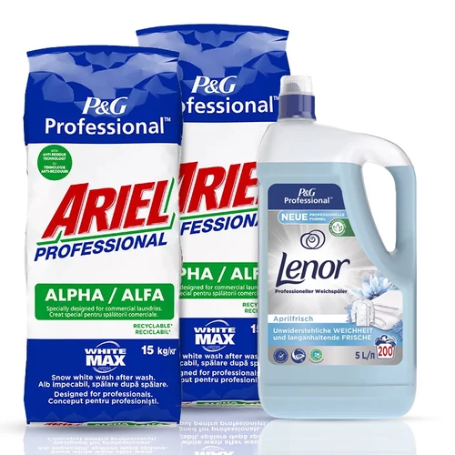 Ariel Alfa Whitemax mosópor 2x15 kg + Lenor Spring Breeze Öblítő 5L