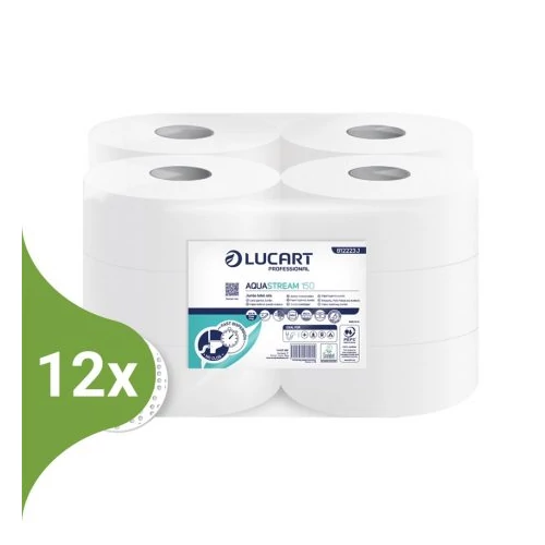 Lucart Aquastream vízben oldódó toalettpapír 19 cm átm. - 2 rétegű, hófehér 150m (Karton - 12 tek), 812223J