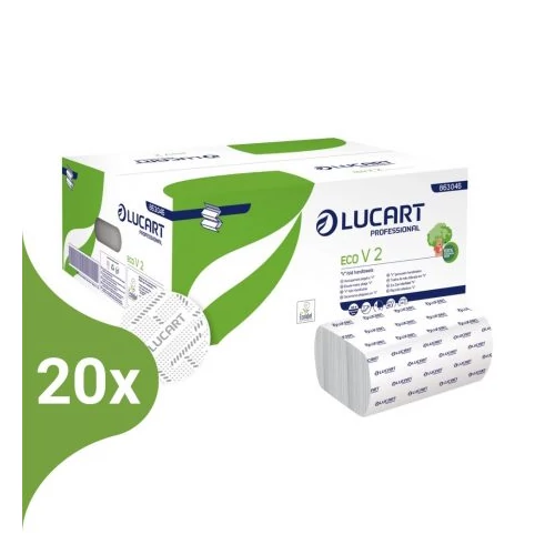 Lucart Eco V2 környezetbarát hajtogatott kéztörlő, fehér, 2 rétegű, 190 lapos (20 csomag/karton), 863046