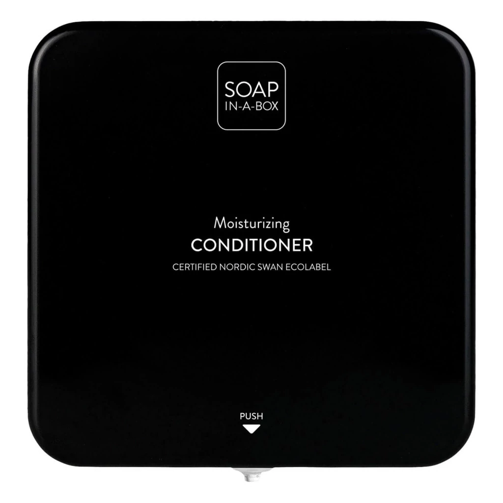 Soap-In-A-Box fényes fekete hajkondicionáló adagoló, előlap