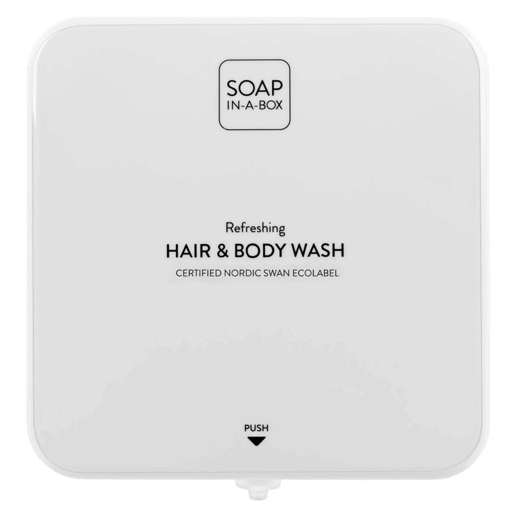 Soap-In-A-Box fényes fehér tusfürdő és sampon adagoló, előlap