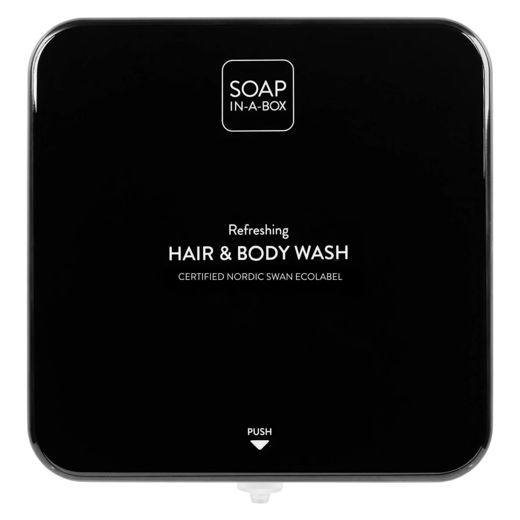 Soap-In-A-Box fényes fekete tusfürdő és sampon adagoló, előlap