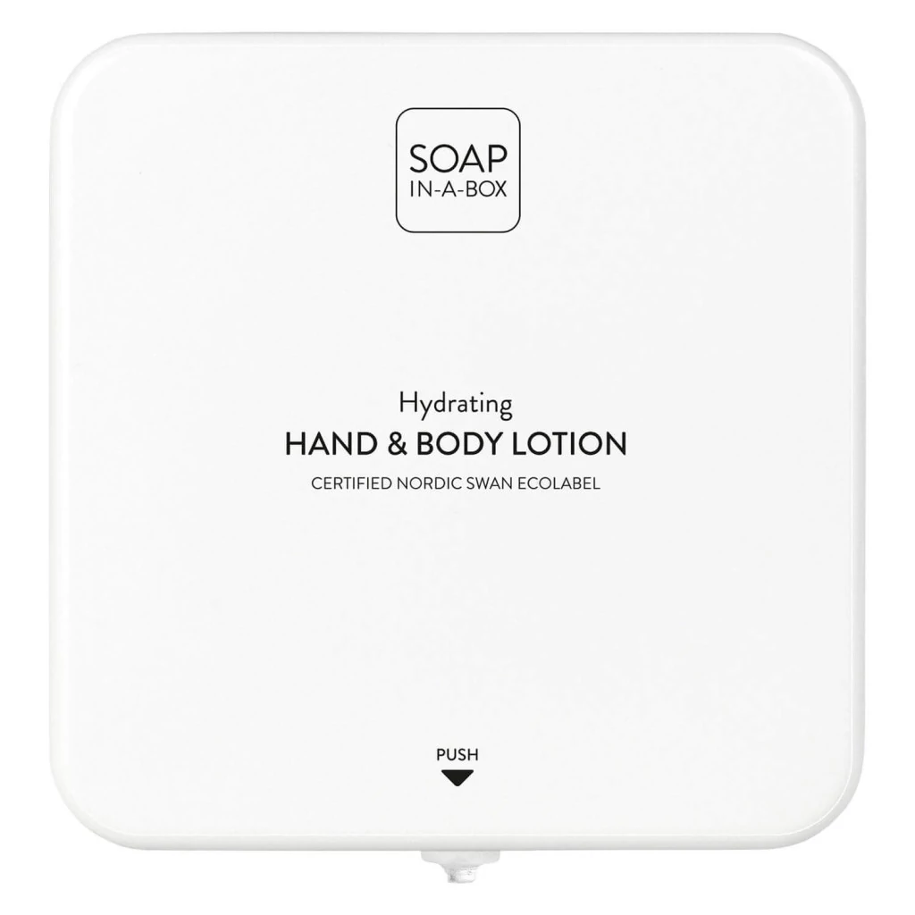 Soap-In-A-Box fényes fehér kéz- és testápoló adagoló, előlap