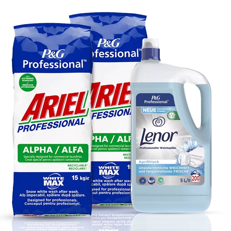 Ariel Alfa Whitemax mosópor 2x15 kg + Lenor Spring Breeze Öblítő 5L