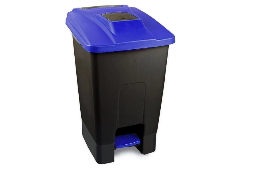 Szelektív hulladékgyűjtő konténer, műanyag, pedálos,  fekete/kék, 100L