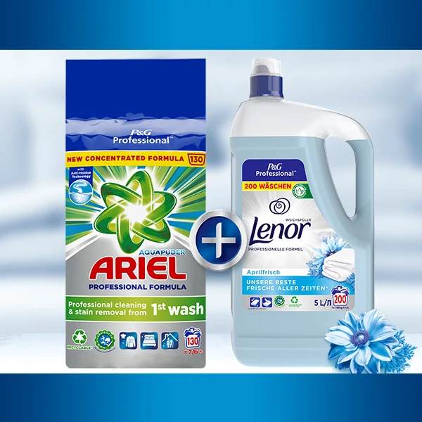Ariel Prof. mosópor 13kg fehér ruhákhoz + Lenor Prof. öblítő 5l, kék