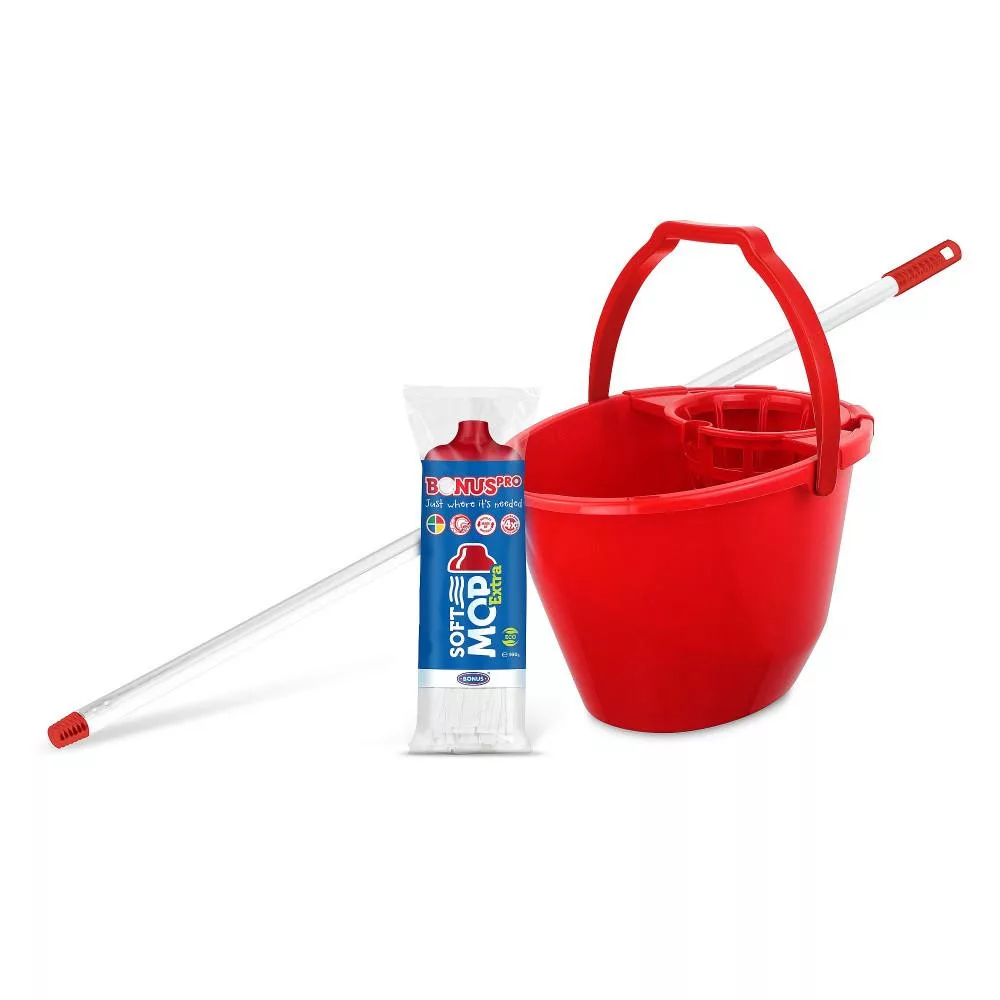 Bonus SoftMop Extra szett (vödör, csavaró, nyél, soft mop fej) - piros