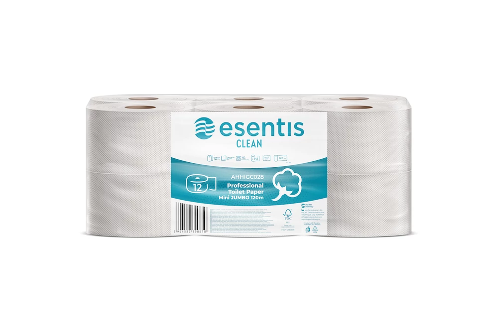 Esentis Professional mini jumbo toalettpapír, 12 tekercs, 2 rétegű, 392 lap/tekercs, 120m
