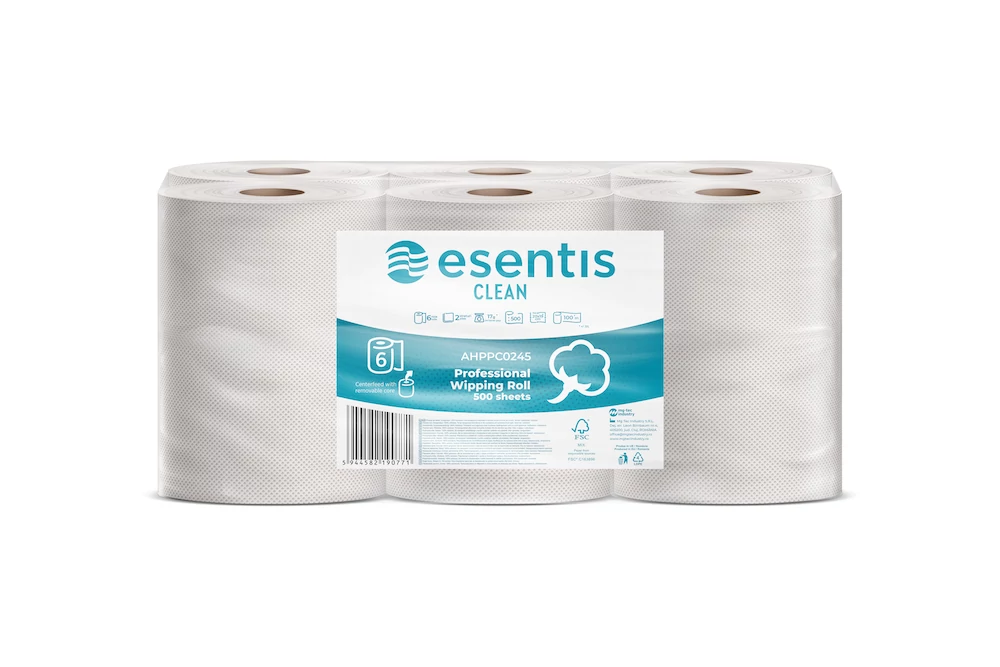 Esentis Professional tekercses kéztörlő, 6 tekercs, 2 rétegű, 500 lap/tekercs, 100m