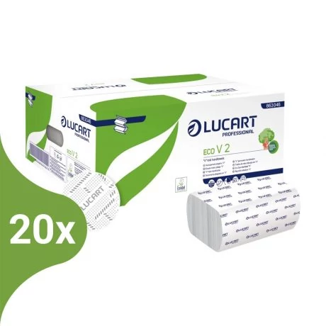 Lucart Eco V2 környezetbarát hajtogatott kéztörlő, fehér, 2 rétegű, 190 lapos (20 csomag/karton), 863046