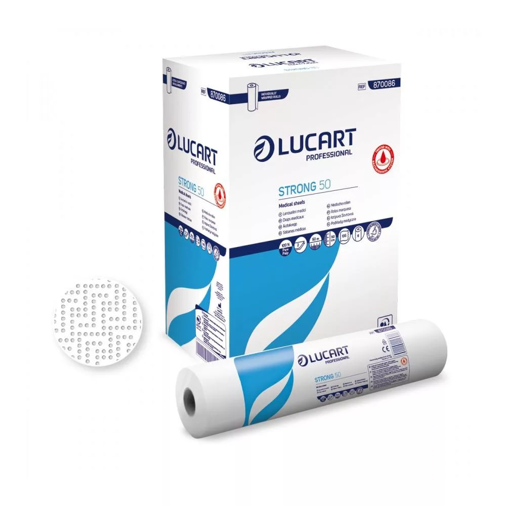 Lucart Strong 50 bakteriosztatikus orvosi lepedő - 2 rétegű, hófehér, 50m (Karton - 6 tek), 870086