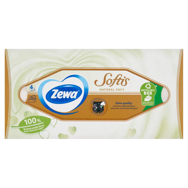 Zewa Softis 4 rétegű dobozos Natural Soft papírzsebkendő, 80 db